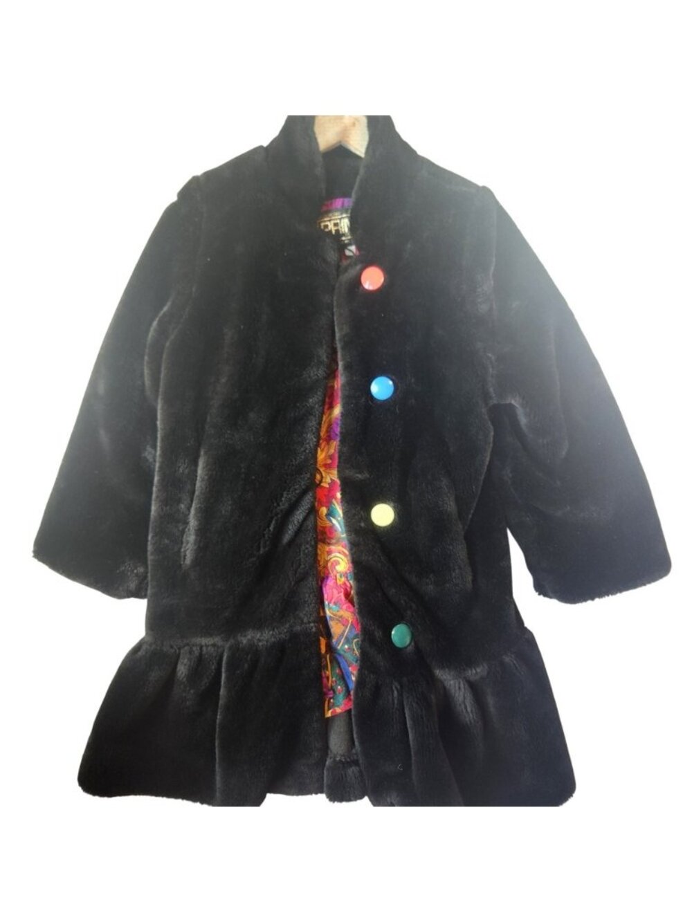 Vintage Prima de Montreal Black Faux Fur Ruffle Coat Colorful Buttons Size 8